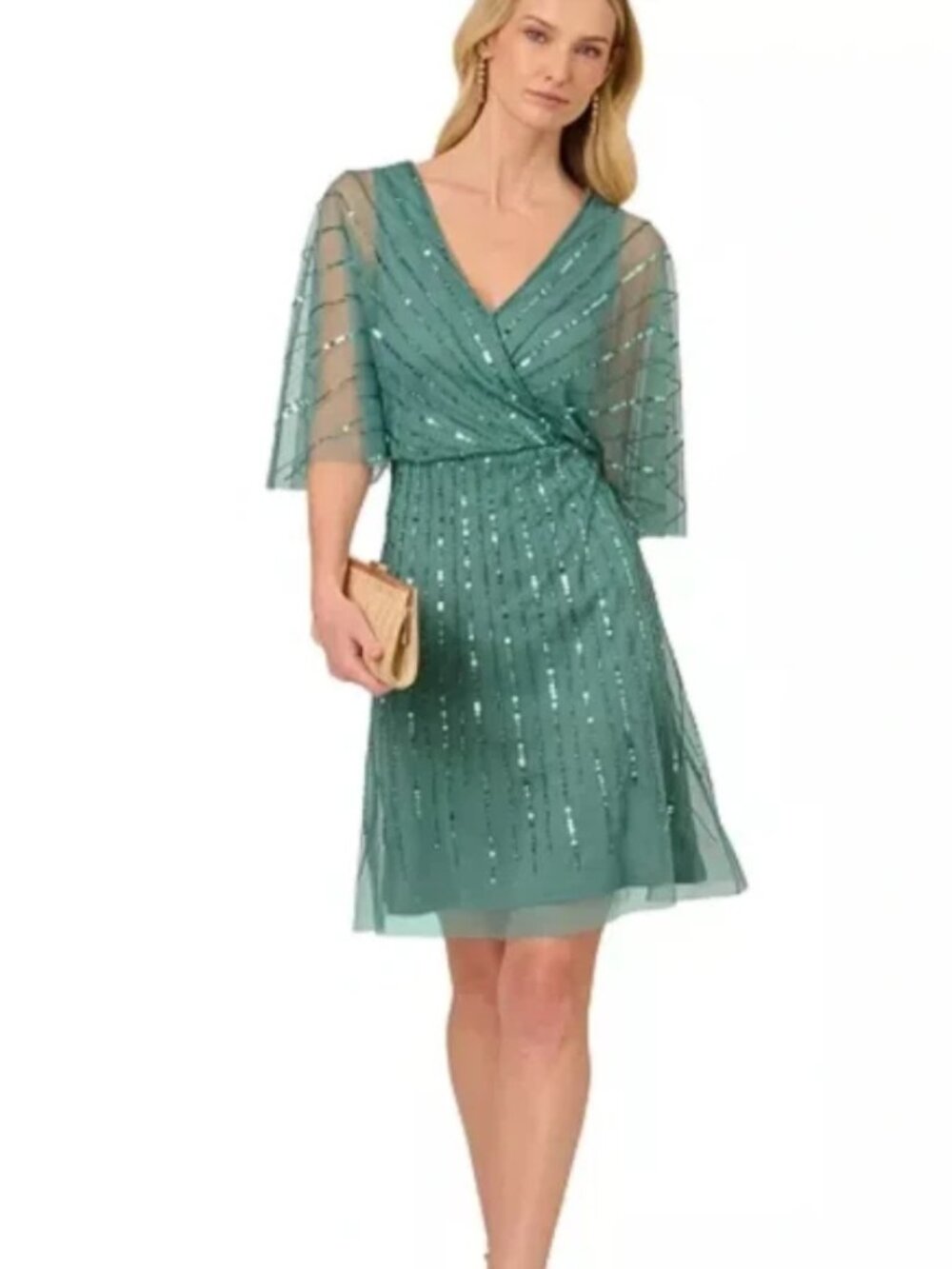 Papell Studio Adriana Papell Sz 16W Green Beaded Sequin Flutter-Sleeve $149